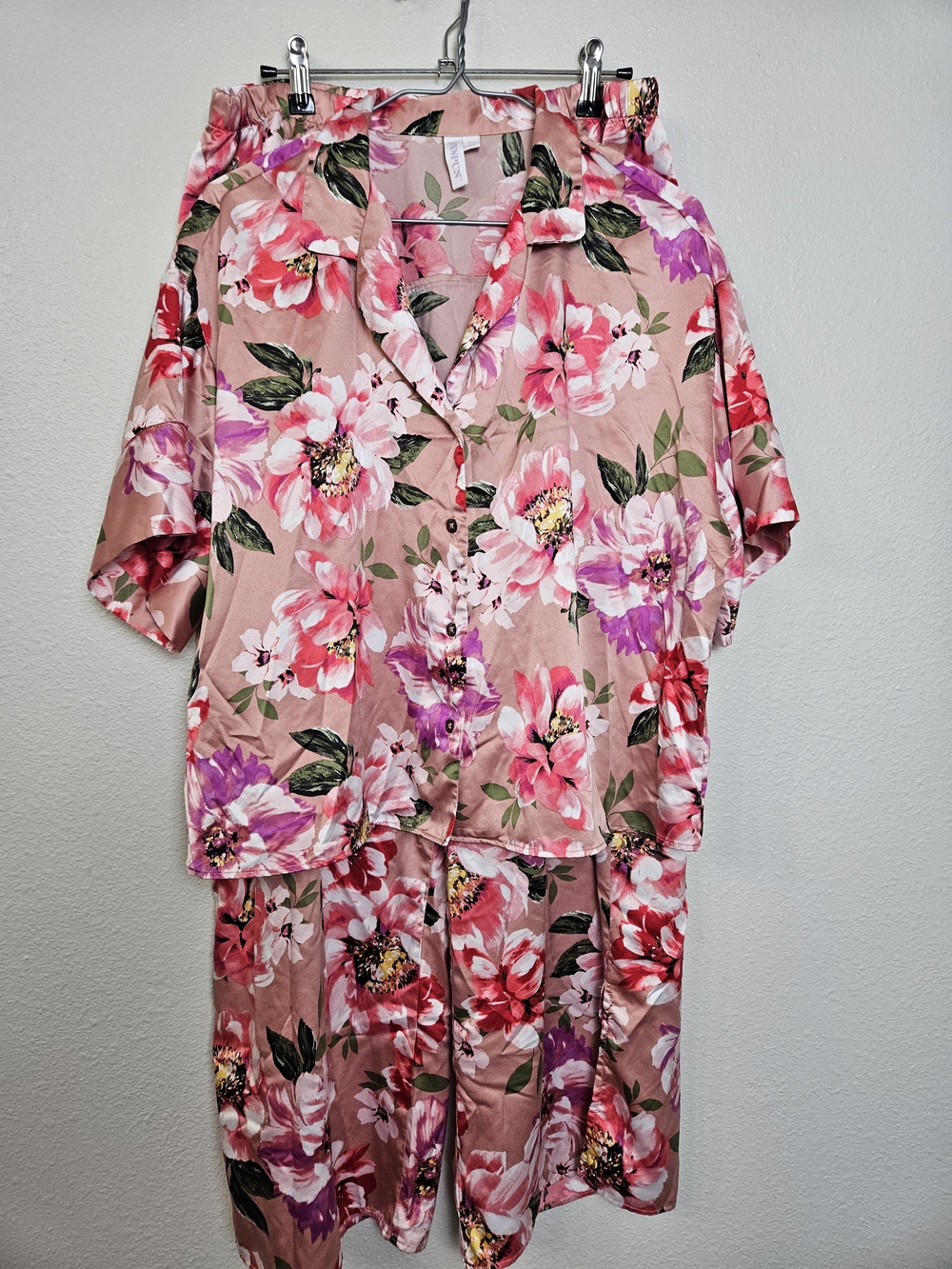 Pink Floral Satin Button-Front Pajama Set - Women's Sleepwear Size L